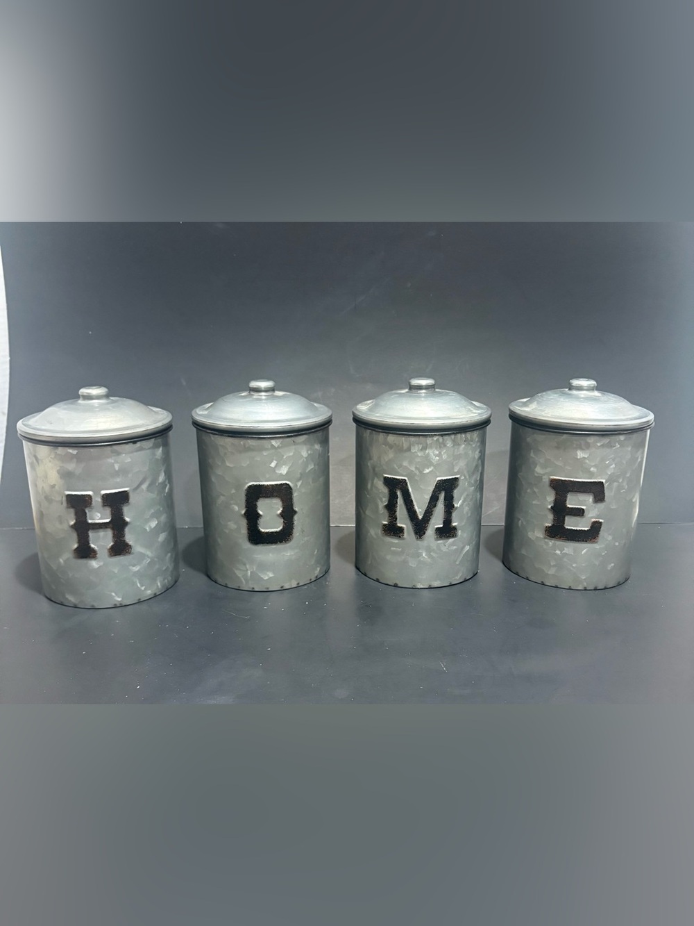 Galvanized Metal Canister Set - Lettered HOME